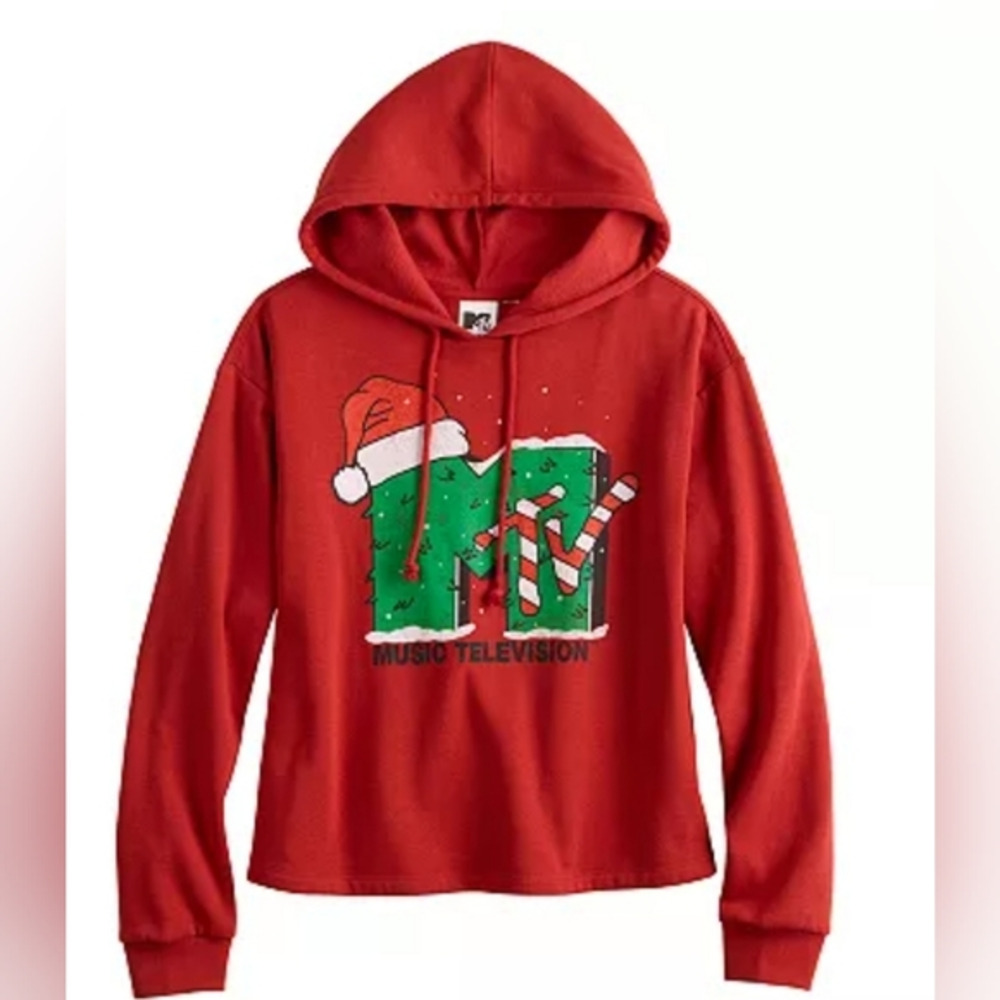 MTV holiday logo juniors‎ cropped size small NWT Christmas graphic hoodie